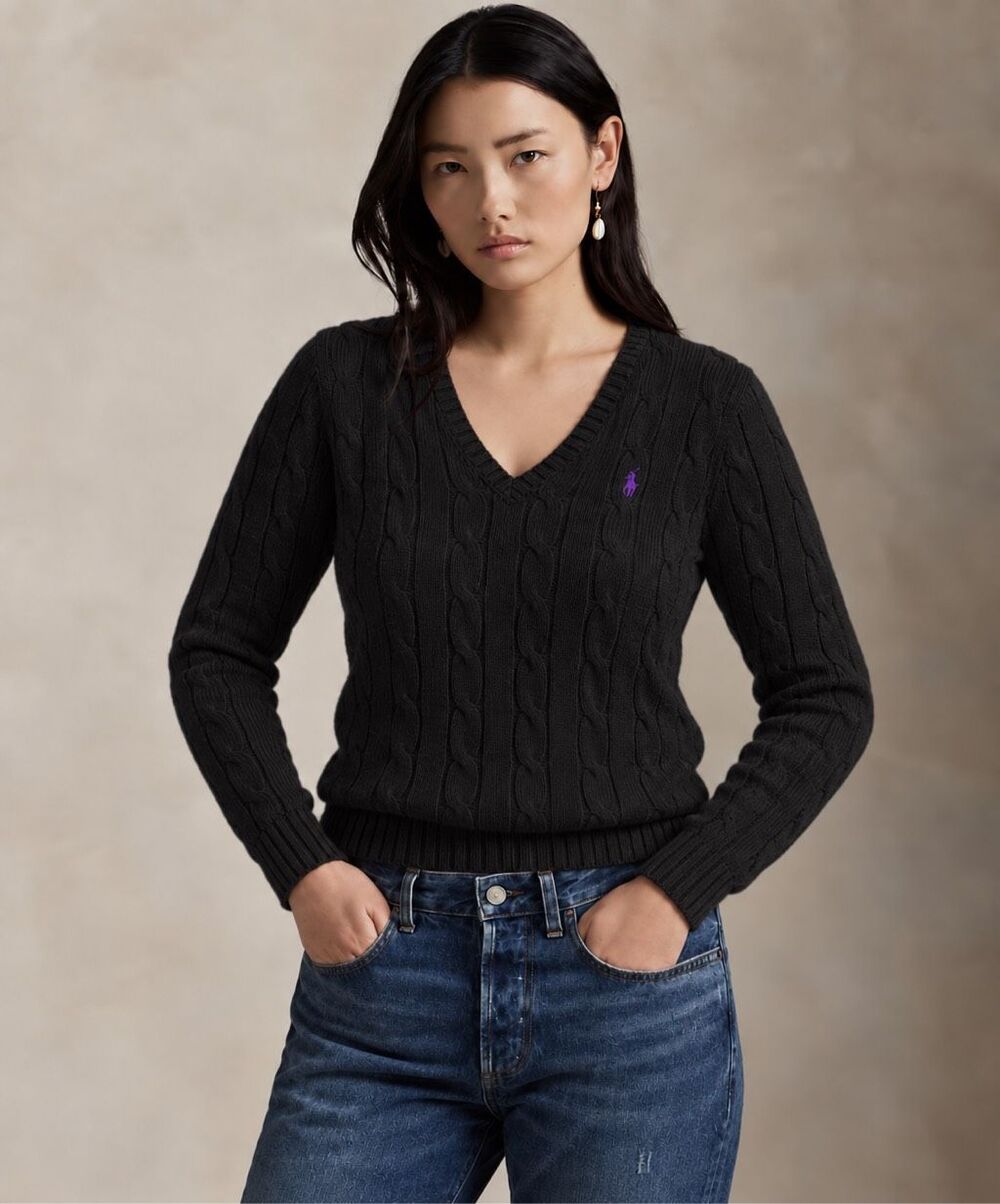 Vintage Ralph Lauren Sport Black Cable Knit V-Neck Cotton Sweater Purple Pony, $